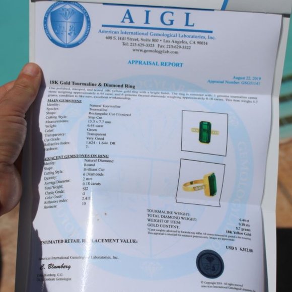 Certified Green Tourmaline 6.44ct Diamonds 18K Rng - Picture 9 of 9